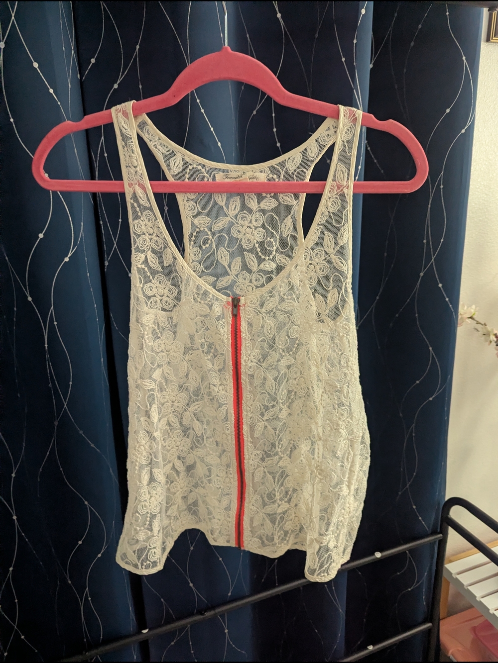 Forever 21 Cream Lace Tank with Red Front Zip